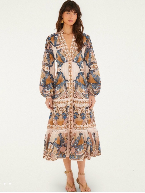 FARM Rio Dresses & Skirts - FARM Rio Pink Paisley Floral Long Sleeve Midi Dress with Blue and Tan Accents